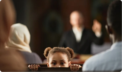 Niña y mujer escuchando en una sala de corte