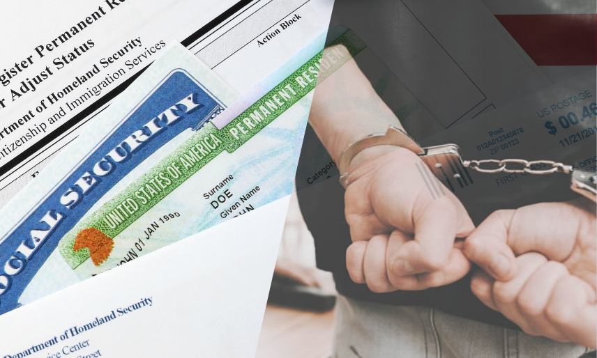Tarjeta de seguro social y de residencia junto a unas manos esposadas