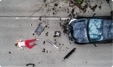 Accidente de auto con escombros sobre el pavimento