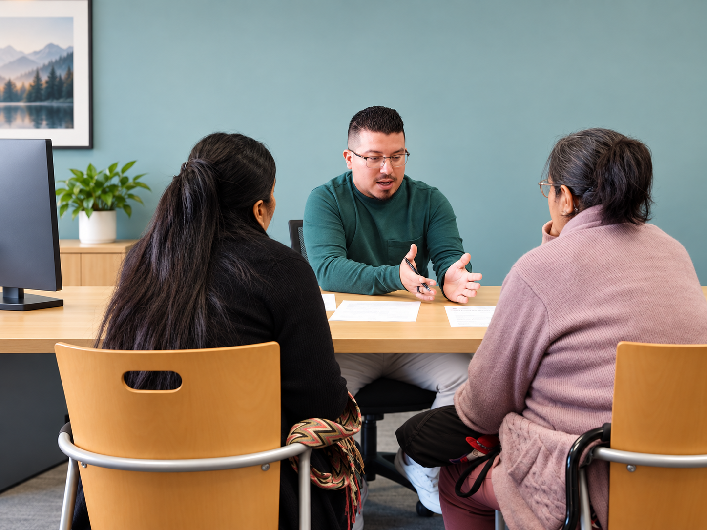 Clientes hablando con un abogado en una oficina