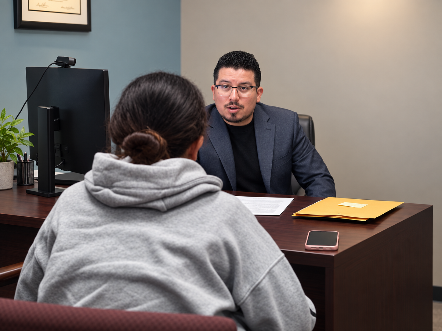 Cliente de espaldas frente a un abogado en su escritorio