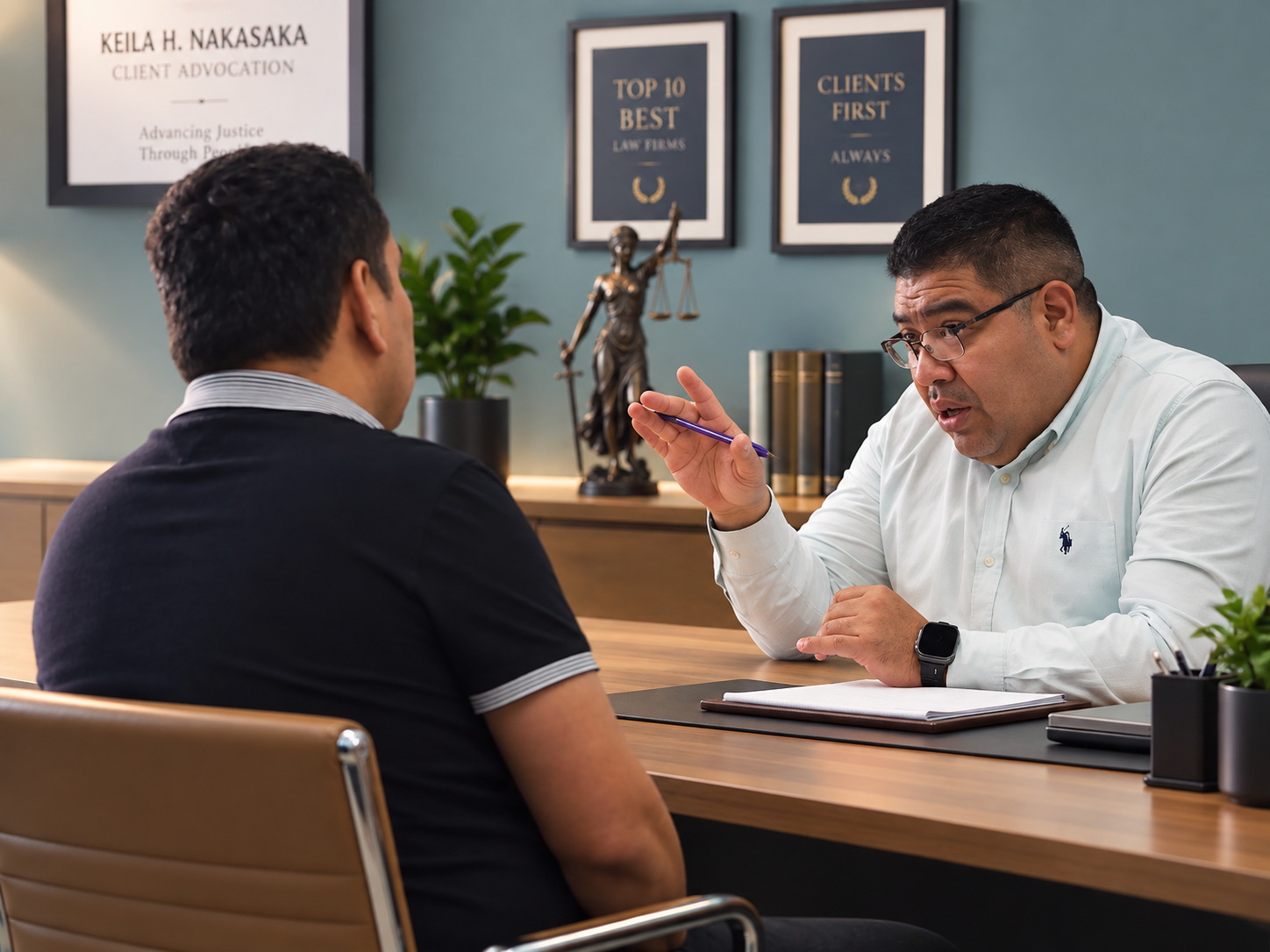 Abogado conversando con un cliente en su oficina