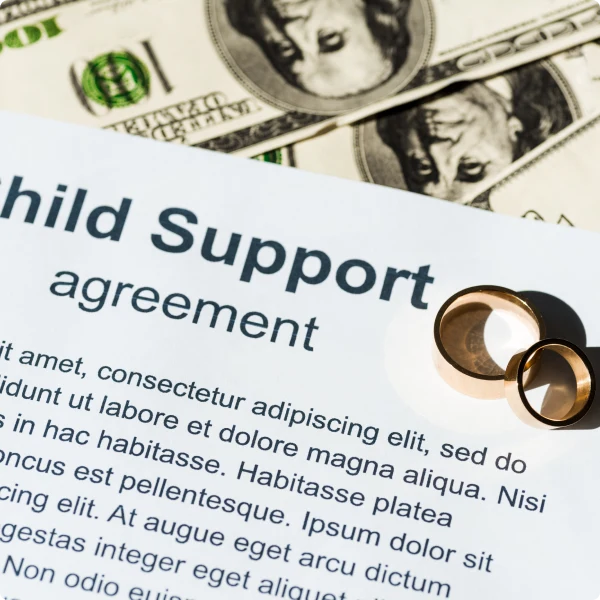 Acuerdo de manutención infantil (Child Support Agreement) con dólares y anillos