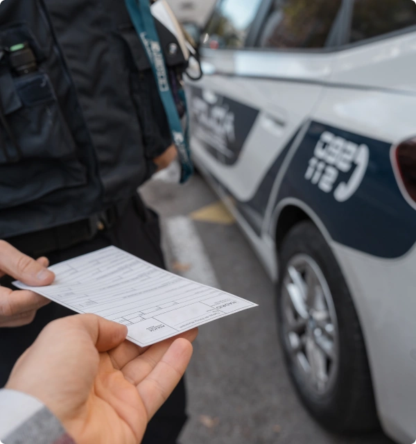 Mano entregando un papel junto a una patrulla