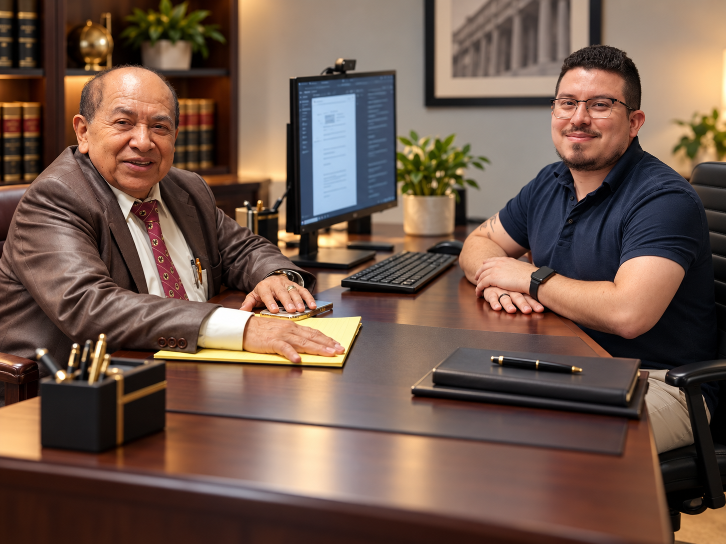 Dos hombres conversando en una oficina de abogados