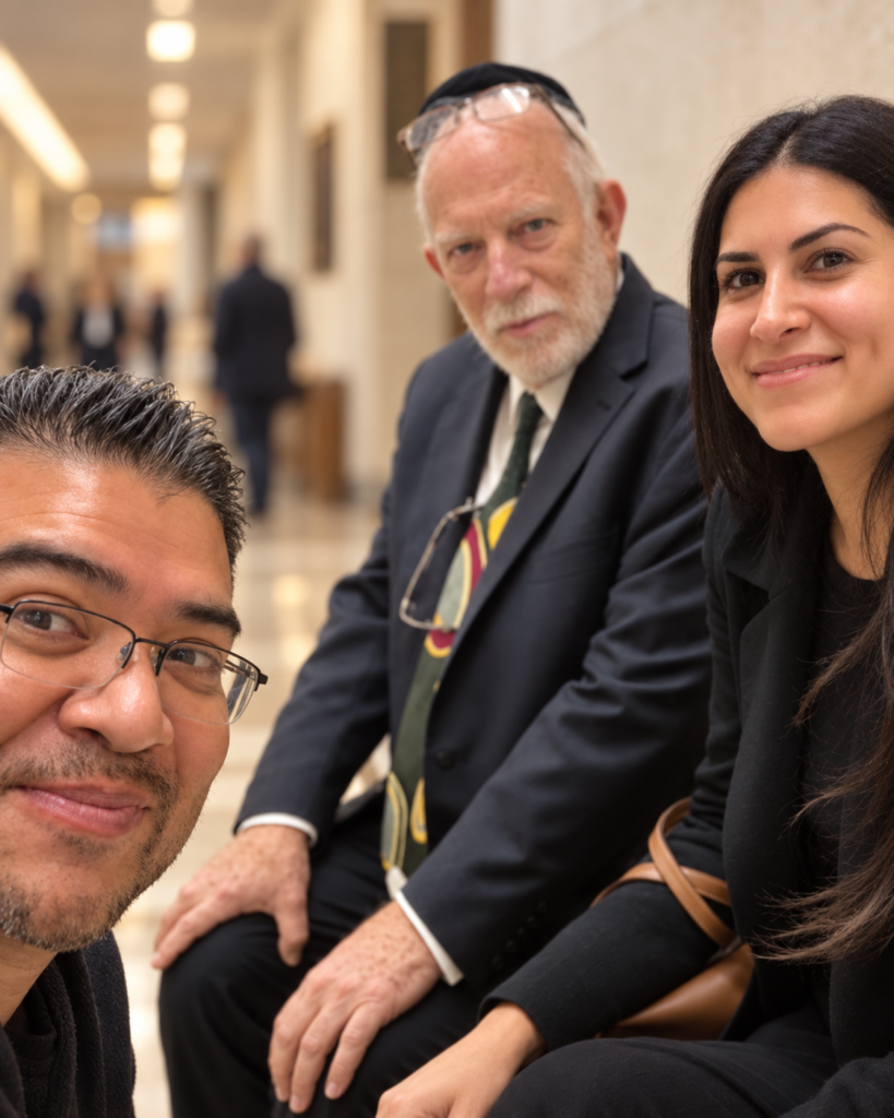 Zahra Rawjee junto a dos hombres en un pasillo