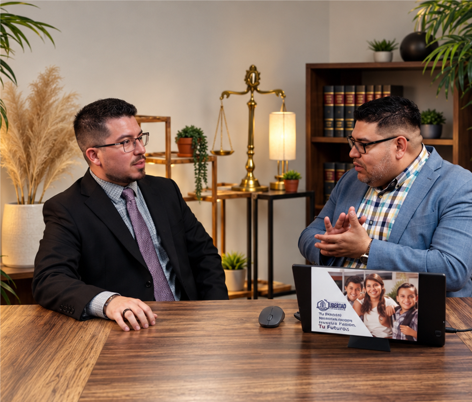 Dos abogados conversando en una mesa de madera